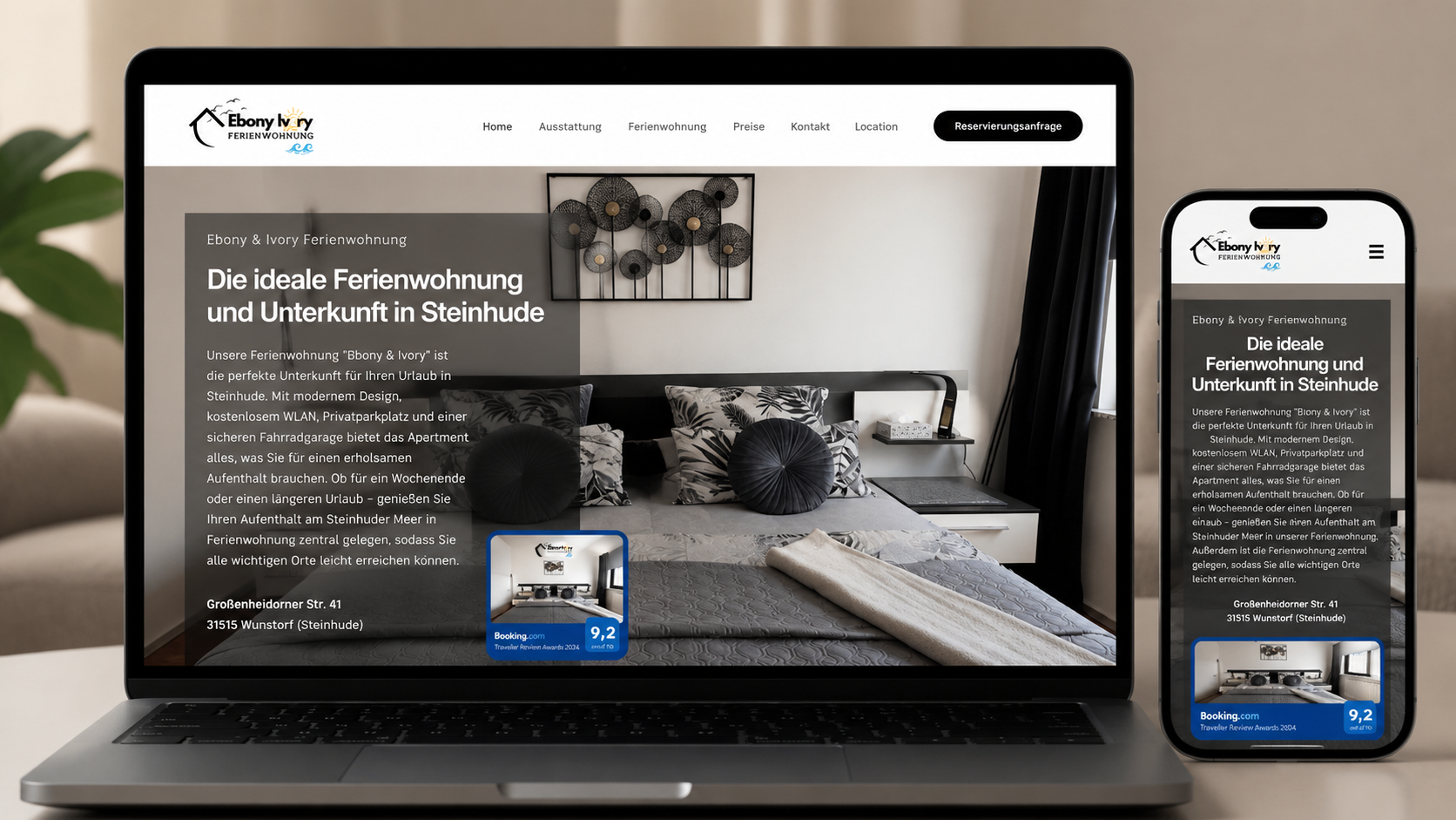 Ferienwohnung Website Ebony und Ivory mit Buchungsanfrage